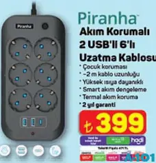 PİRANHA AKIM KORUMALI 2 USB'Lİ 6'LI UZATMA KABLOSU